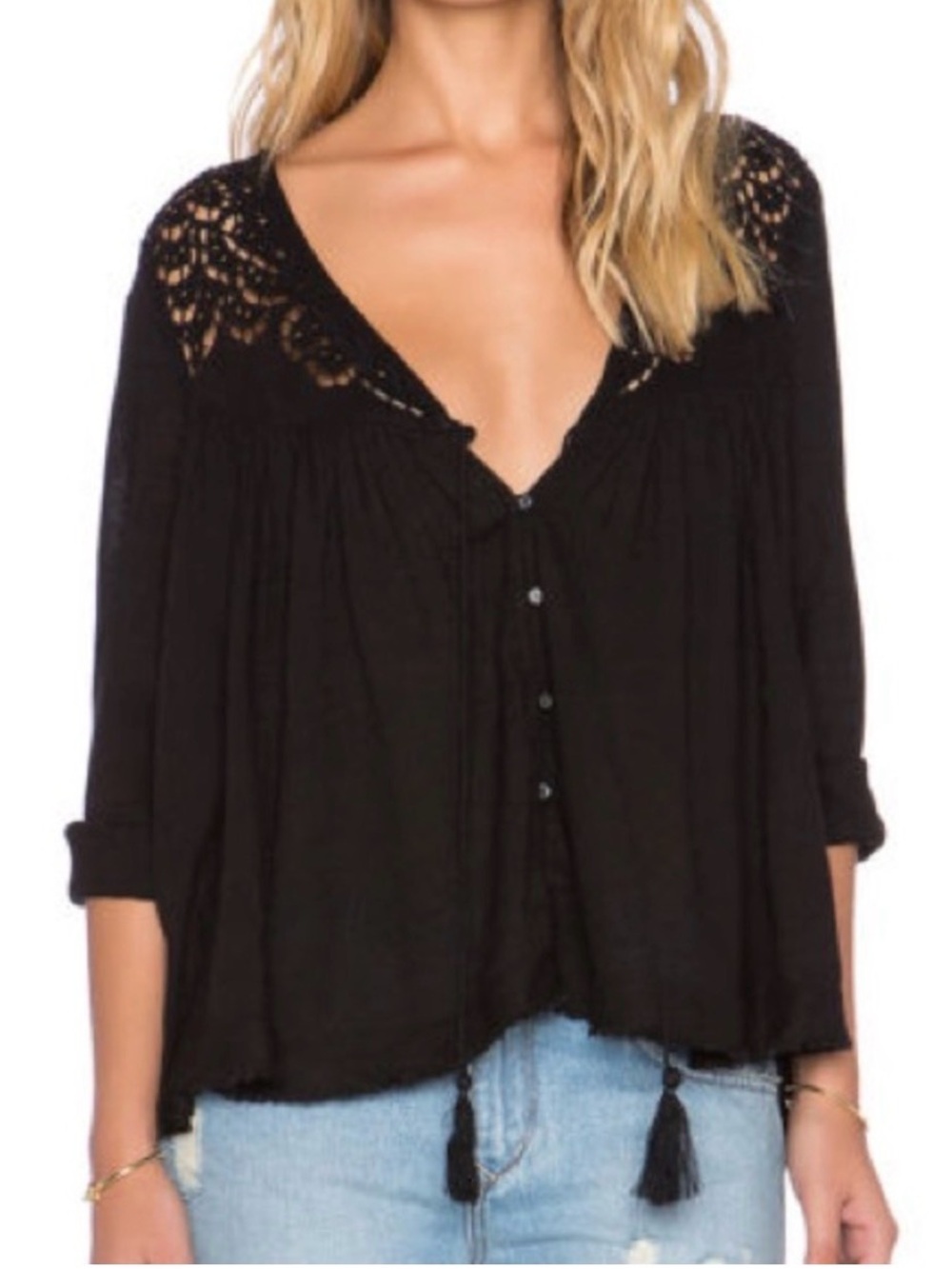 Free People Black Crochet Embellished Women's Top